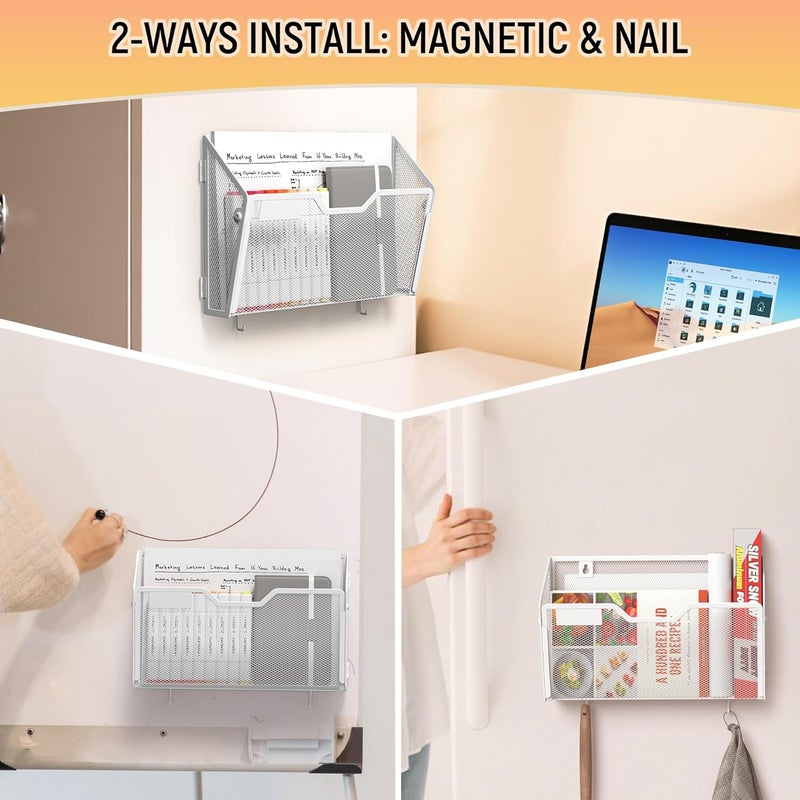 Docnest 6 Pack Magnetic Wall Mounted File Holders,Mesh Letter Organizer with Hooks, Magnetic Hanging Mail Paper Document Organizer for Office, Home, School, White - Image 5